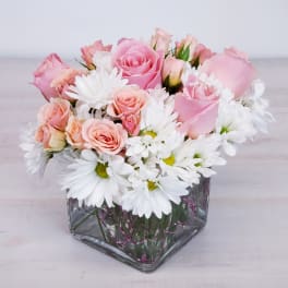 Pink roses and white daisies arranged in a square glass vase