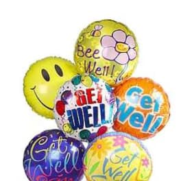 Cluster of colorful get-well balloons with cheerful messages