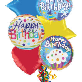 Cluster of colorful birthday balloons with ribbon streamers