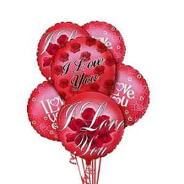 Cluster of red heart-shaped balloons with "I Love You" text