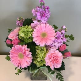 Pink gerberas, carnations, and purple blooms in a square glass vase