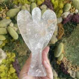 Hand holding a clear crystal angel figurine in front of a moss wall