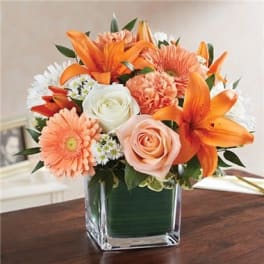 Orange and peach flowers in a clear square vase
