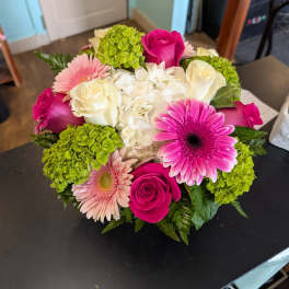 Bouquet of pink and white roses, gerbera daisies, and green hydrangeas