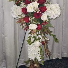 Standing floral spray with red and white roses and white chrysanthemums