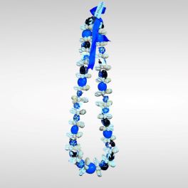 Blue and white shell lei with ribbon