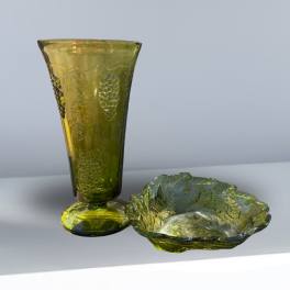 Vintage Green Depression Glass Grape & Vine Etched Vase and Bowl set