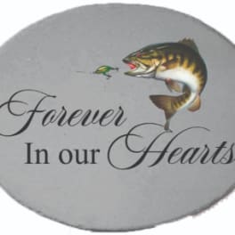 Gray memorial plaque with a fish and the words Forever In our Hearts