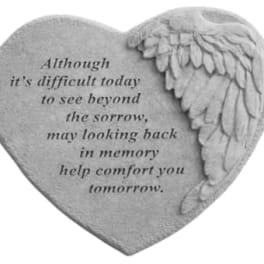 Heart-shaped memorial plaque with angel wings and a sympathy quote