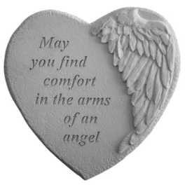 Heart-shaped memorial plaque with angel wings and sympathy text