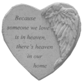 Heart-shaped memorial plaque with angel wing and engraved text