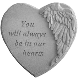 Heart-shaped memorial plaque with angel wings and engraved text