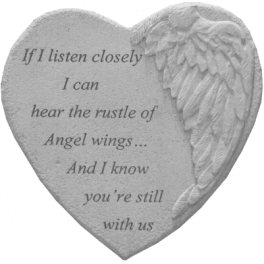 Heart-shaped memorial plaque with angel wings and engraved text