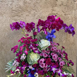 Basket arrangement of purple orchids, carnations, and mums with blue ribbons