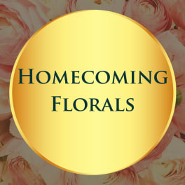 Pink ranunculus flowers behind a gold circle with the words Homecoming Florals