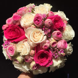 Round bouquet of pink and white roses against a black background