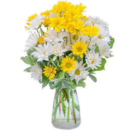 Yellow and white daisy bouquet in a clear glass vase