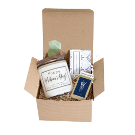 Mother's Day gift box with a candle, soap, and matches