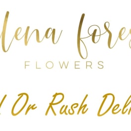 Gold text reading "galena forest flowers" and "Timed Or Rush Delivery" on white background