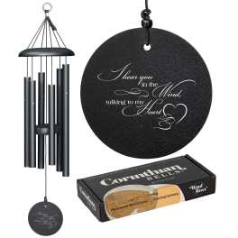 Black memorial wind chime with engraved sentiment and gift box