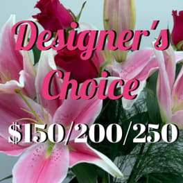 Pink lilies and red roses with text reading Designer's Choice 150/200/250.