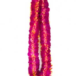 Two magenta flower leis with orange accents on a white background