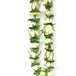 Two white rose leis with green accents on a white background