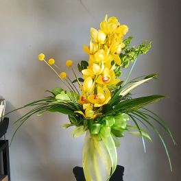 Yellow orchid arrangement in a frosted glass vase with green ribbon