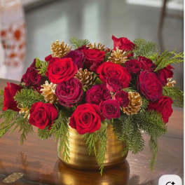 Red roses arranged in a gold vase with pinecones and evergreen sprigs
