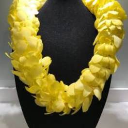 Yellow flower lei draped over a black bust display