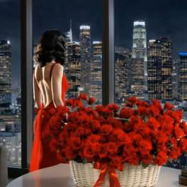 Basket of red roses with a red ribbon, beside a woman in a red dress