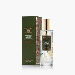 Room spray bottle and matching box with green and gold packaging