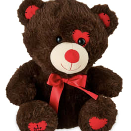 Brown teddy bear with red heart patches and a red bow