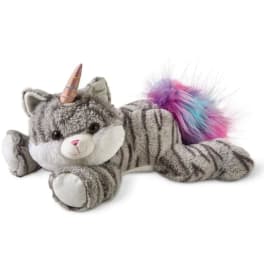Plush gray cat unicorn toy with a rainbow tail