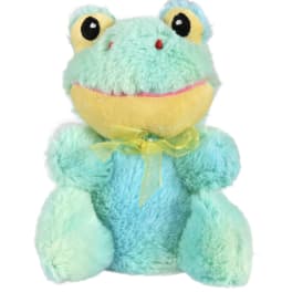 Plush frog toy with a yellow ribbon bow