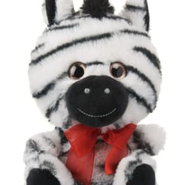 Plush zebra toy with a red bow on a white background