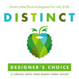Graphic logo with the word DISTINCT and a green floral emblem