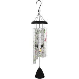 Hanging metal wind chime with printed tubes and a black striker