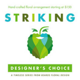 Graphic logo with the word STRIKING and a green floral emblem
