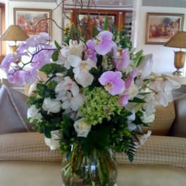 Large bouquet of pink and white orchids in a clear glass vase
