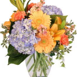 Mixed bouquet of pastel flowers in a clear glass vase