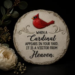 Round memorial plaque with a red cardinal and floral accents
