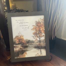 Framed Psalm 23 wall art with an autumn landscape