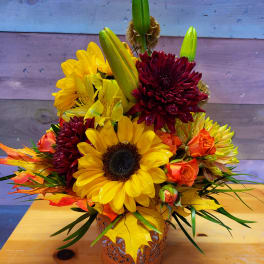 Sunflower and chrysanthemum arrangement in a decorative metal container