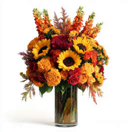 Autumn bouquet of sunflowers, roses, and orange flowers in a glass vase