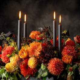 Orange and red flowers arranged with four lit black candles
