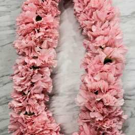Pink carnation lei with a white ribbon bow