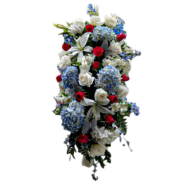 Patriotic Honor Sympathy Standing Spray - Red Roses, White Roses & Blue Hydrangeas