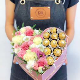 Flowers & Ferrero Heart Box Pink And White