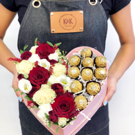 Flowers & Ferrero Heart Box Red And White